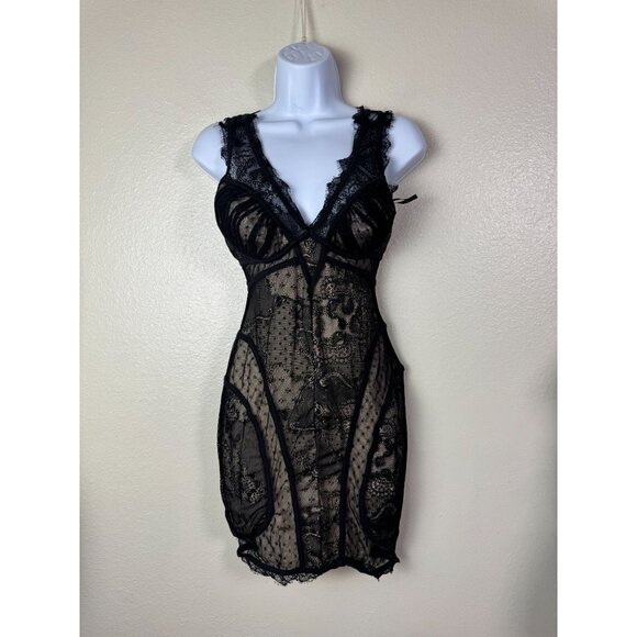 bebe Dresses & Skirts - Bebe Black Lace Beige Mini Slip Dress Women size Small Coquette Sexy Fairy Grung